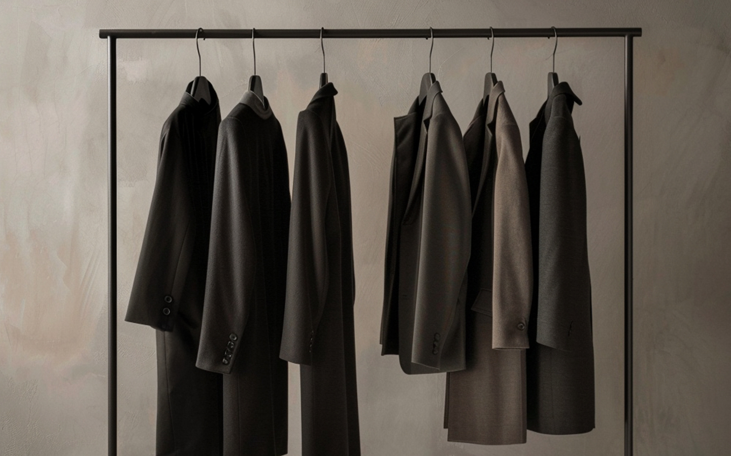 Dark suits neatly hanging on a minimalist metal clothing rack against a muted background